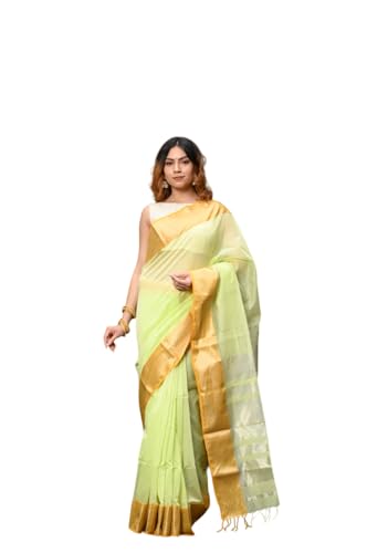 Very Much Indian VMI Exclusive Designer! Handloom Cotton Silk Saree With Broad Golden Border~ Lush Green