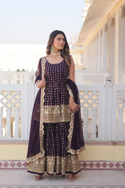 Regal Purple Elegance: Faux Georgette Kurti with Sequins & Thread Embroidery