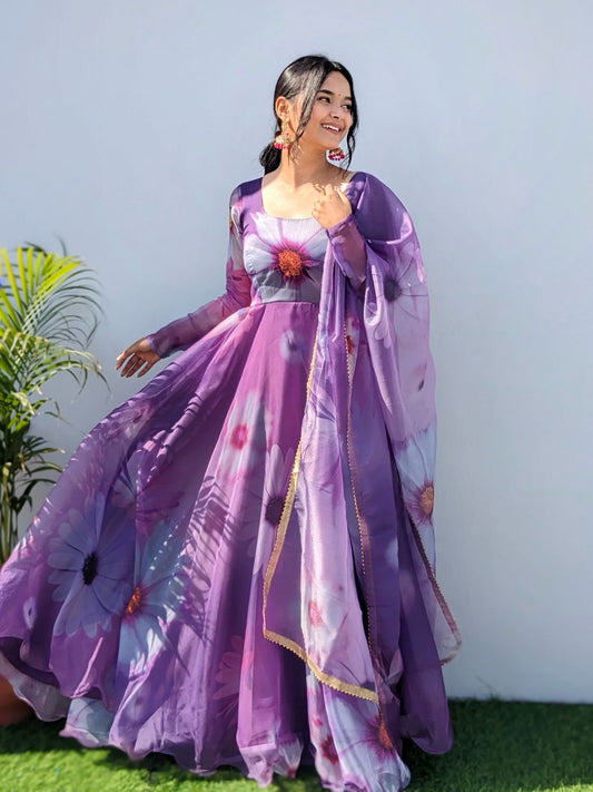 Purple 🌟 Opulent Organza Silk Gown with Digital Print and Handwork 🌟