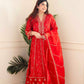 Red Regal Elegance: Heavy Reyon Mill Foil Print Suit Set with Lace Dupatta