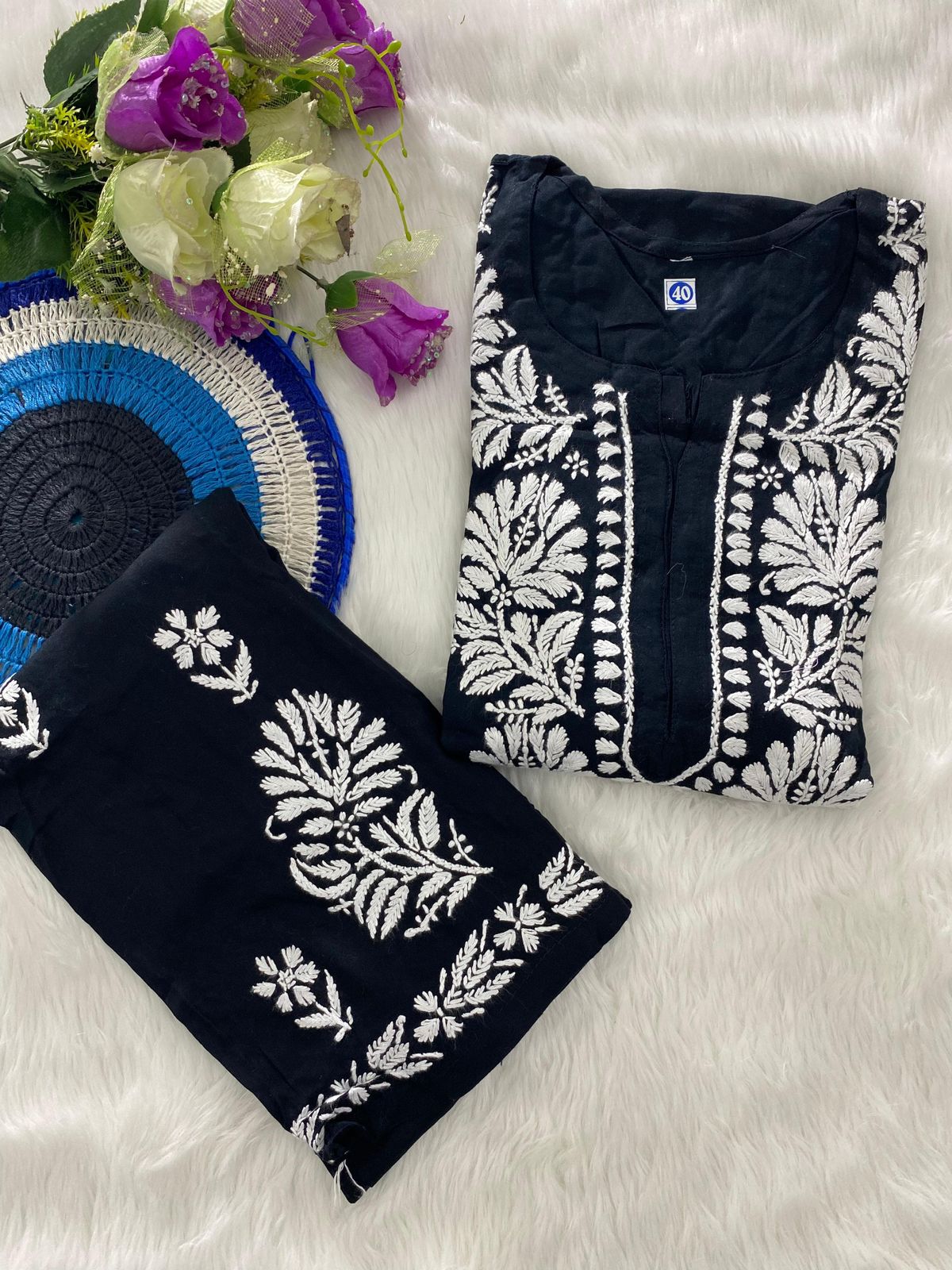 Black Chic Chikankari Rayon Kurti and Palazzo Set