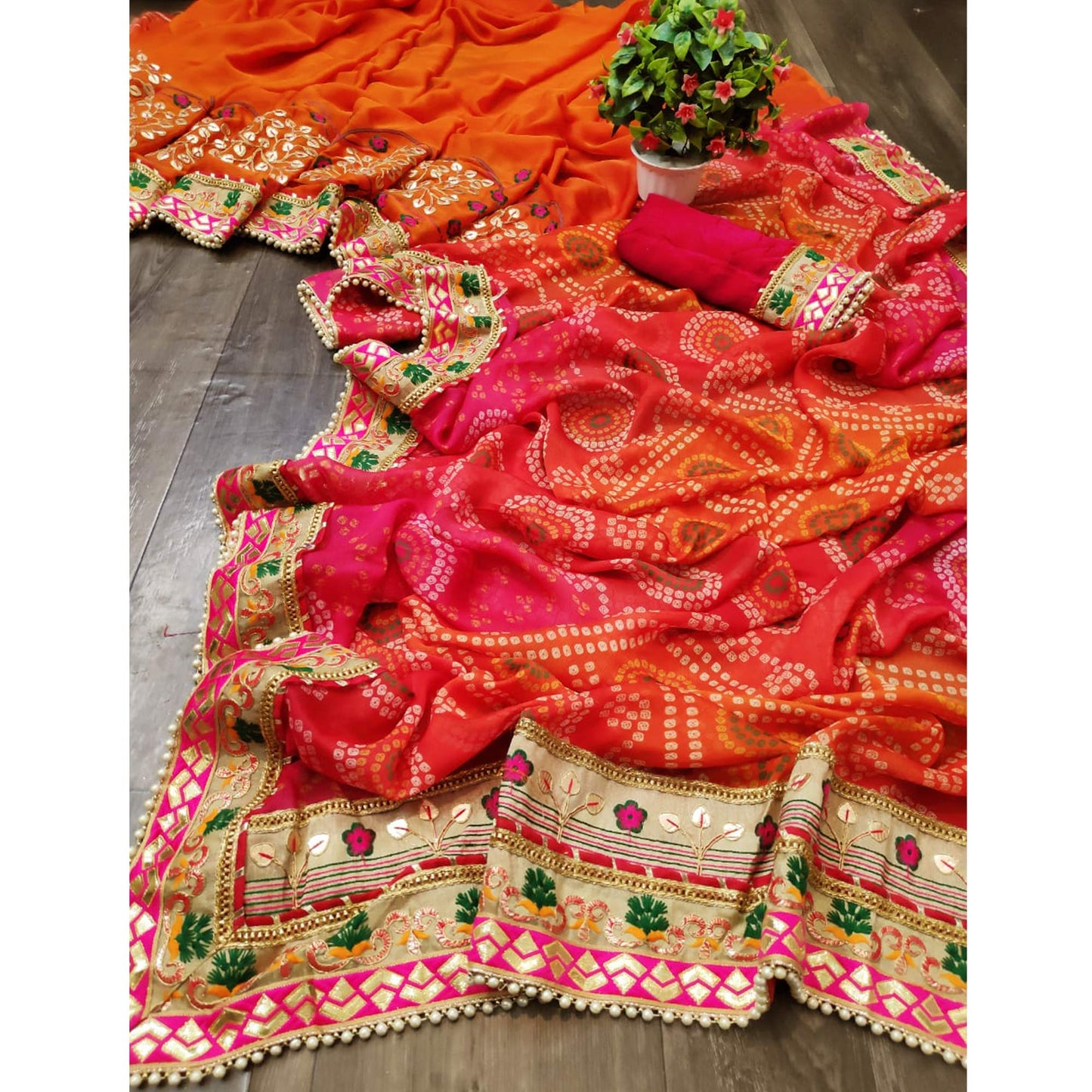 Orange & Rani Pink Bandhani Printed Chiffon Half & Half Saree