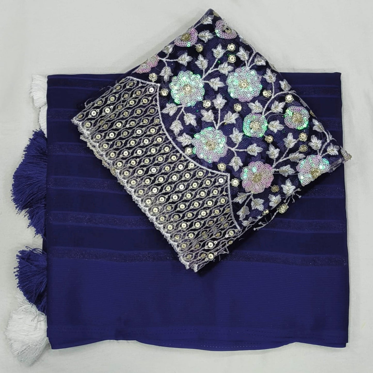 Blue Zari Striped Chiffon Saree With Tassels