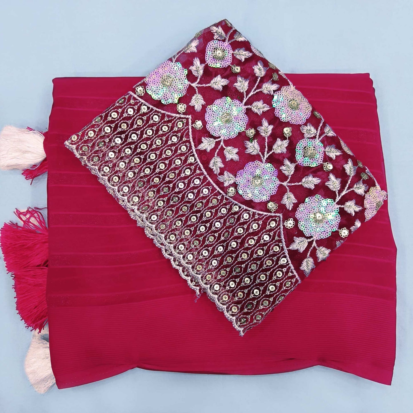 Cherry Pink Zari Striped Chiffon Saree With Tassels