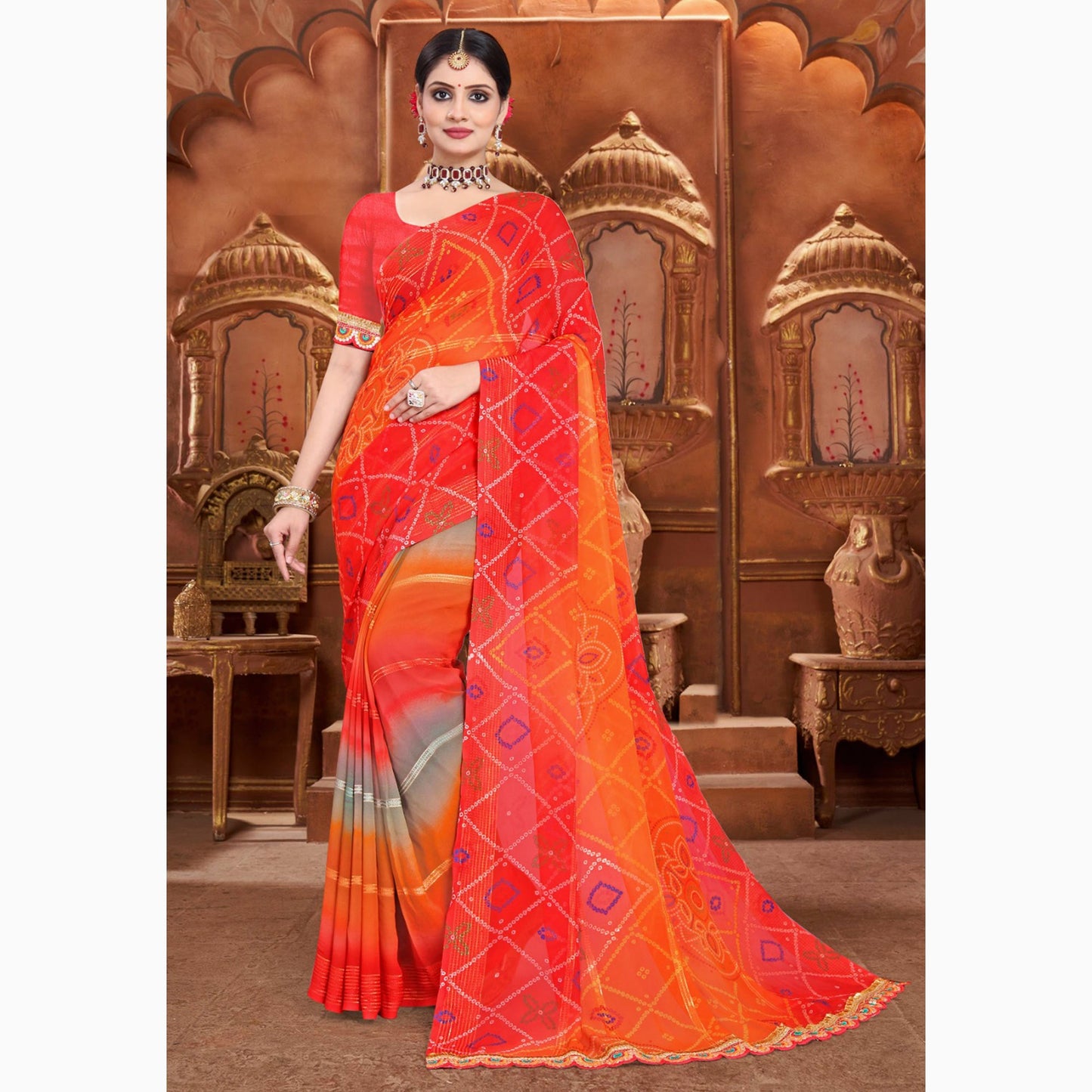 Red & Orange Bandhani Printed Georgette Saree With Zari Border