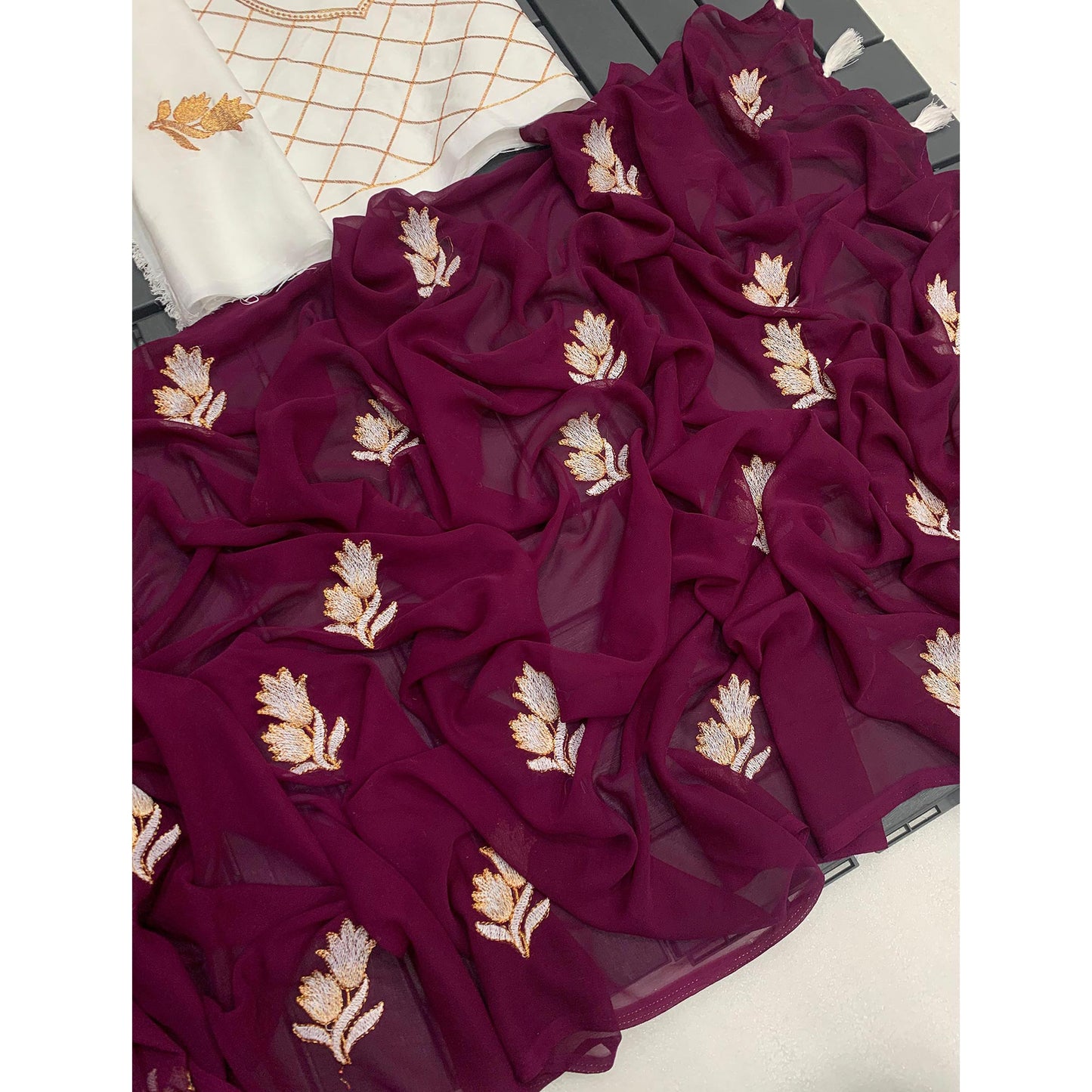 Burgundy Floral Embroidered Georgette Saree