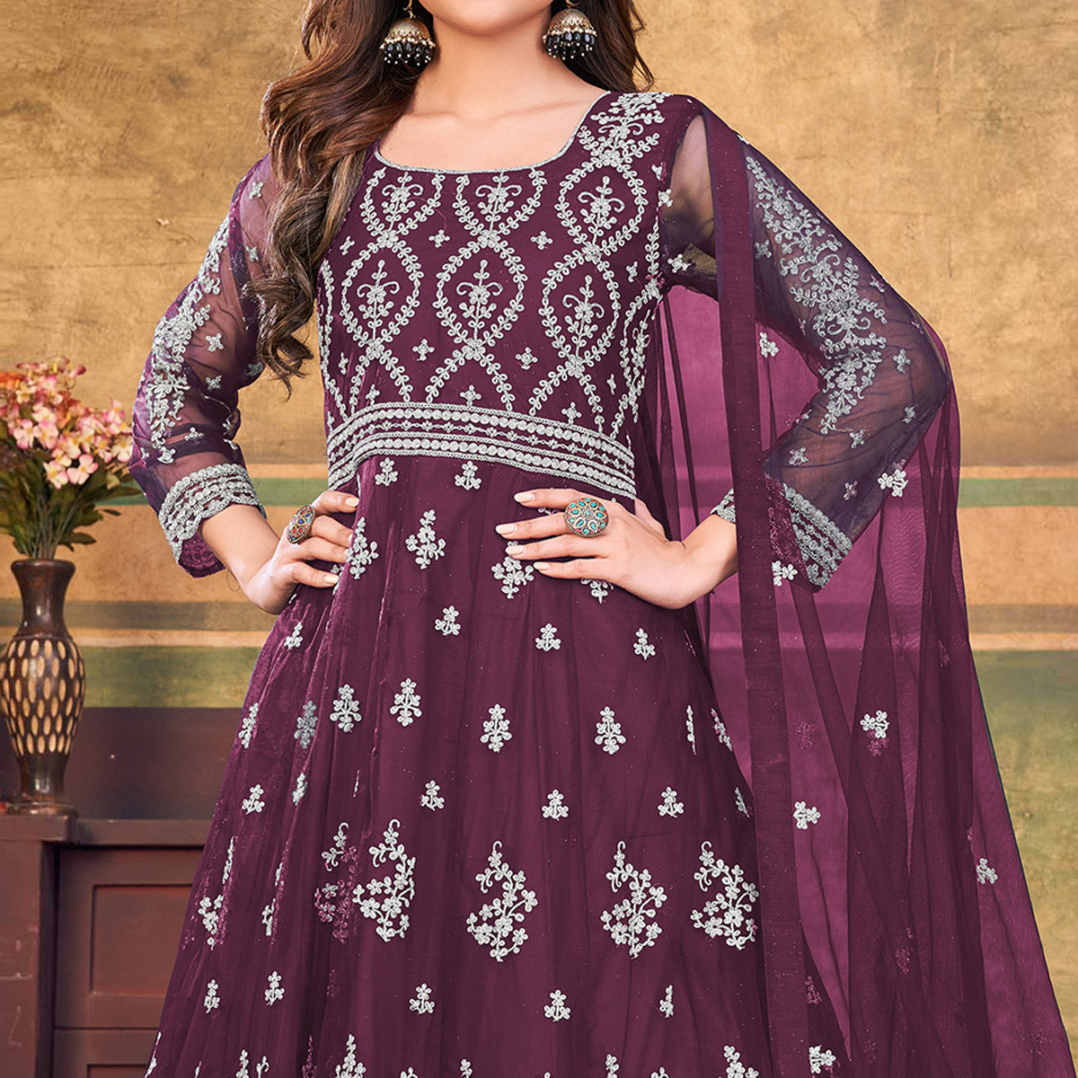 Purple Embroidered Net Semi Stitched Anarkali Suit