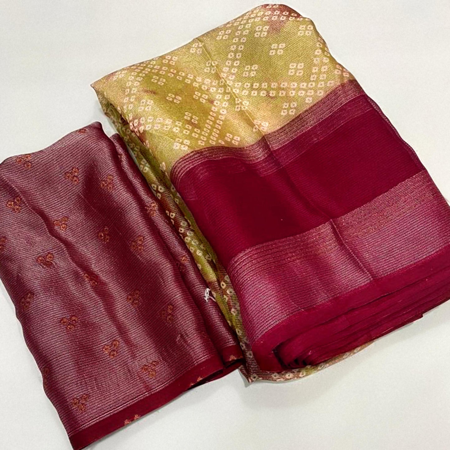 Dark Mustard Bandhani Printed Chiffon Saree With Zari Border