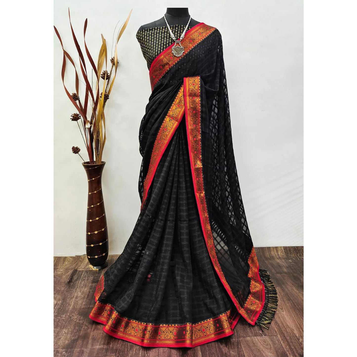 Black Woven Art Silk Saree With Jacquard Border