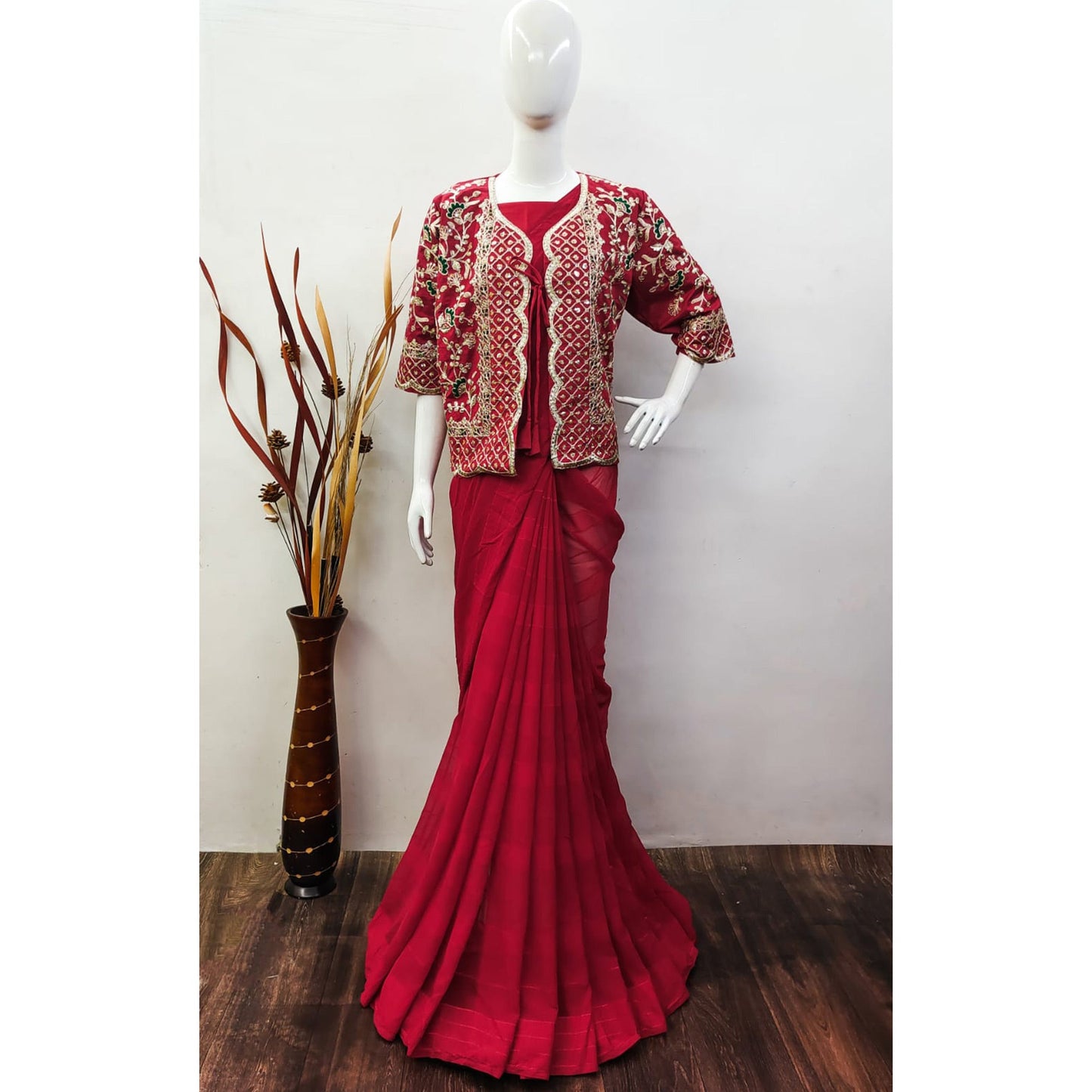 Red Woven Georgette Saree With Embroidered Jacket