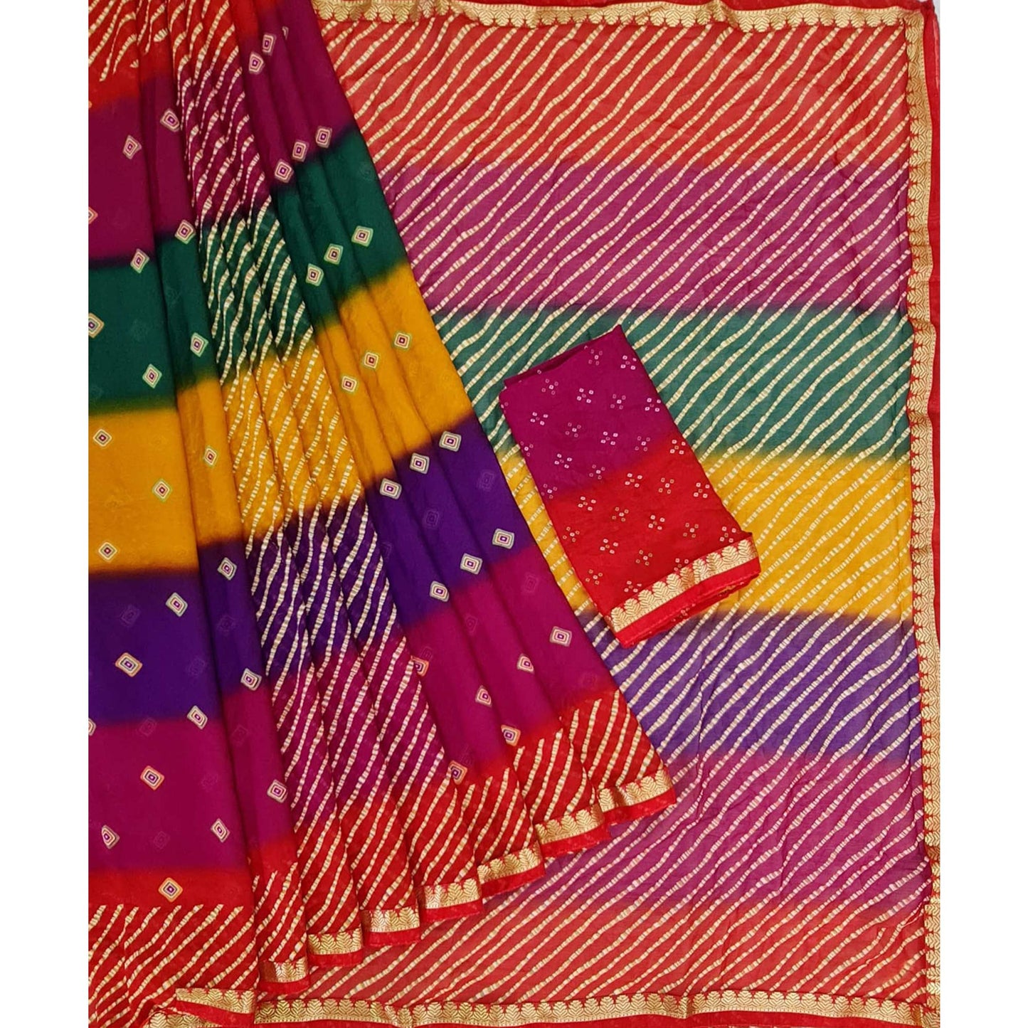 Multicolor Bandhani Printed Georgette Saree With Zari Border