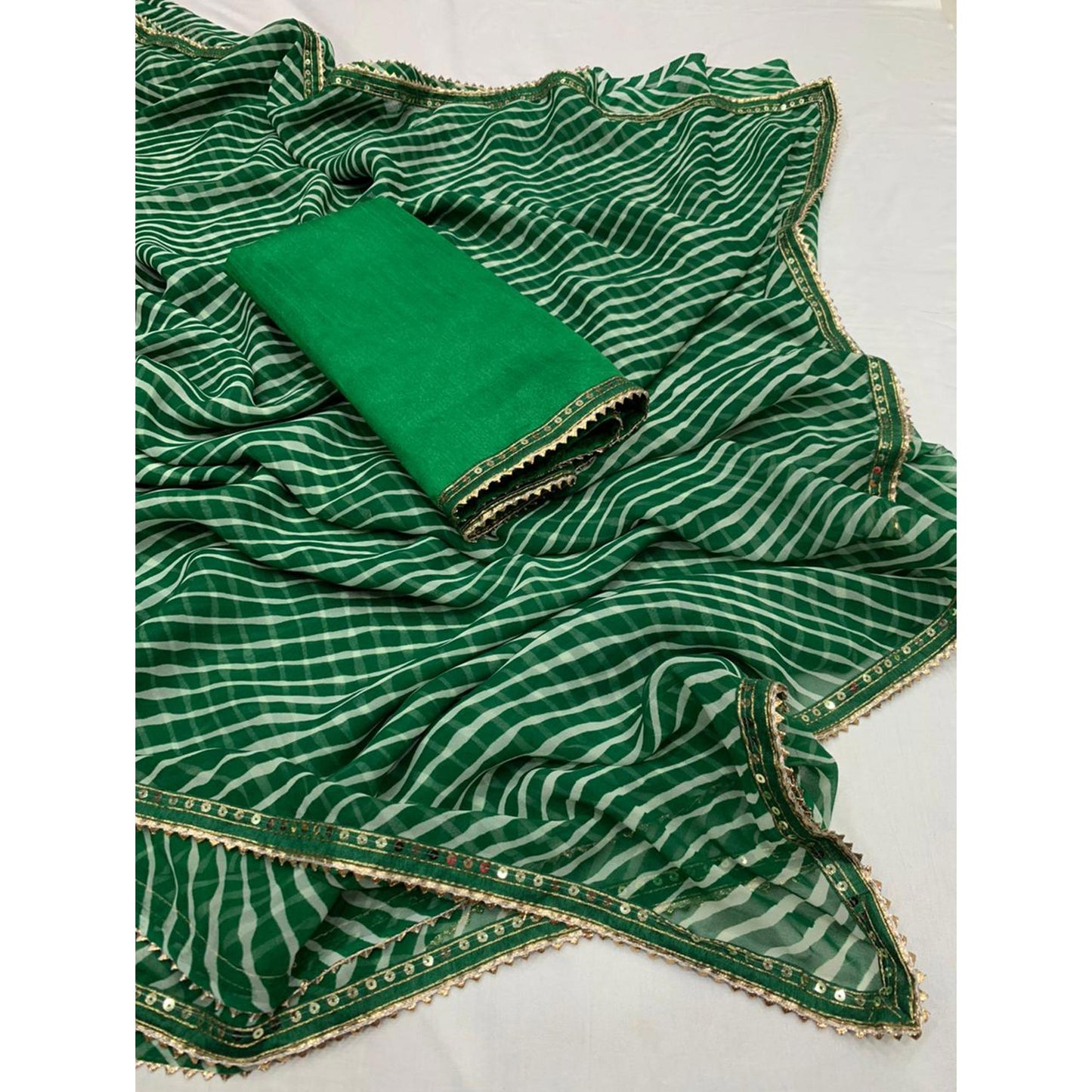 Green & White Printed Georgette Saree With Sequins Border