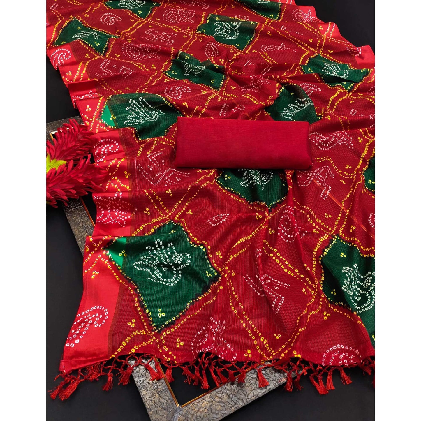 Red Bandhani Printed Georgette Saree With Tassels