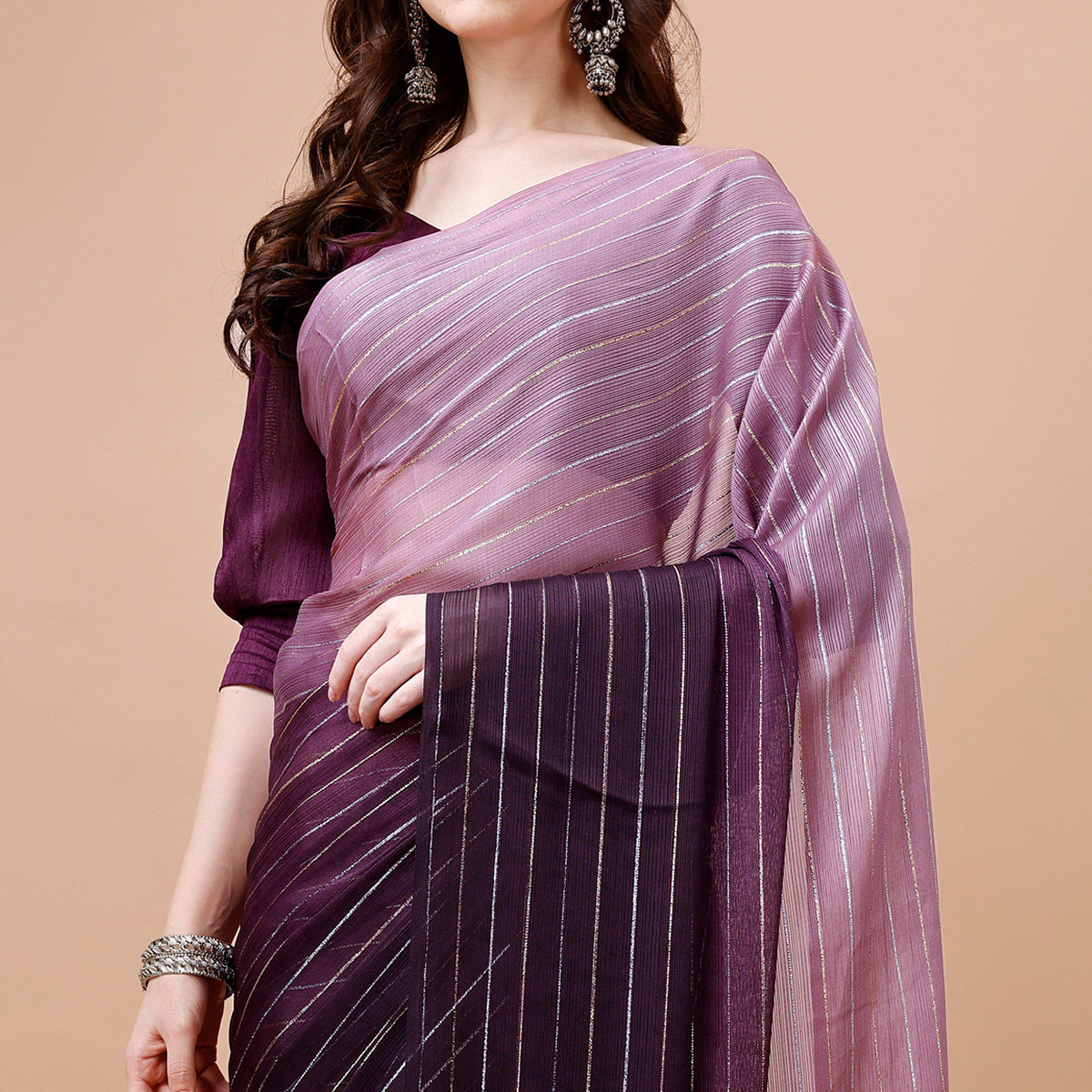 Wine Zari Woven Chiffon Saree