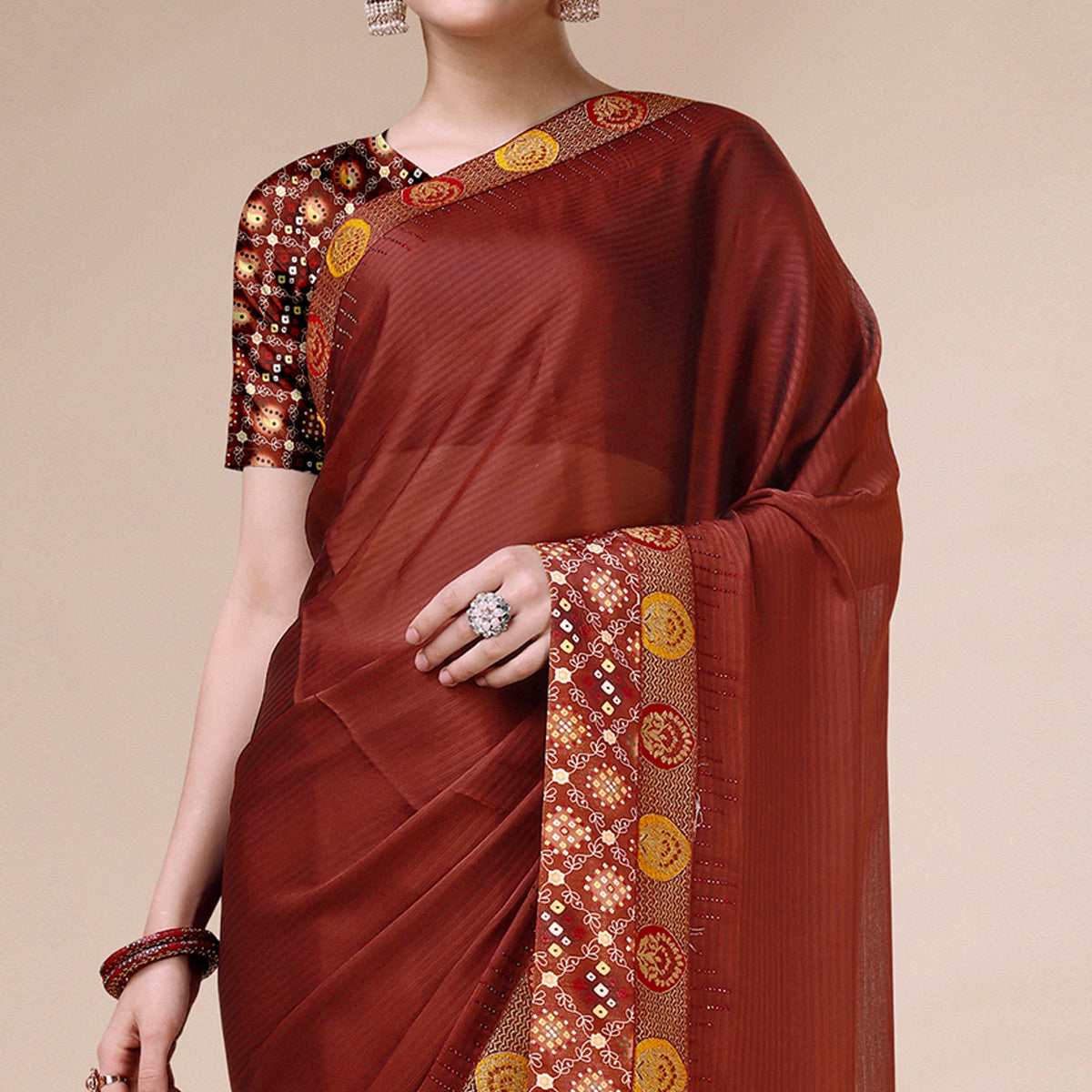 Rust Swarovski With Bandhani Printed Border Art Silk Saree