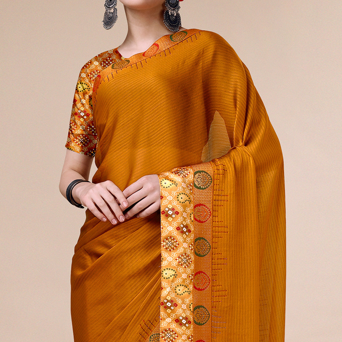 Mustard Swarovski With Bandhani Printed Border Art Silk Saree