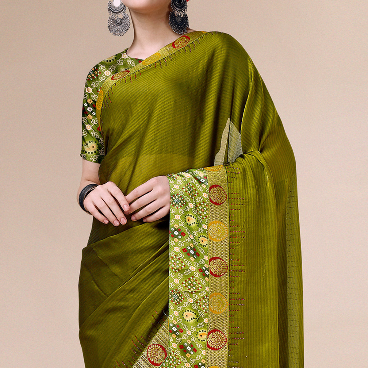 Mehendi Green Swarovski With Bandhani Printed Border Art Silk Saree