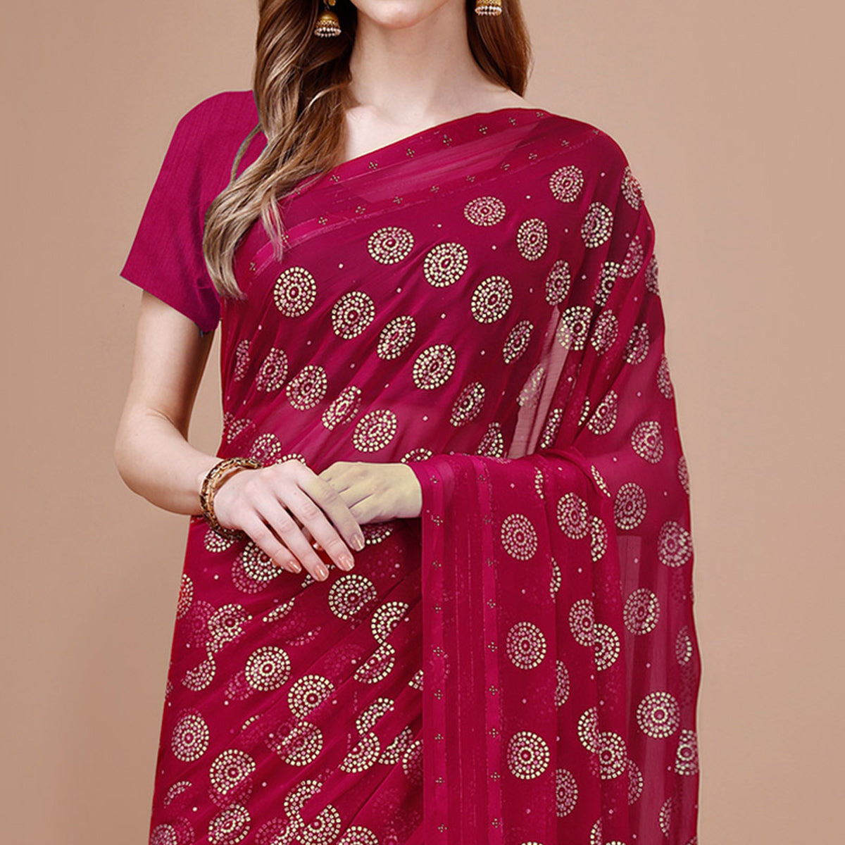 Magenta Foil Printed Chiffon Saree With Tassels