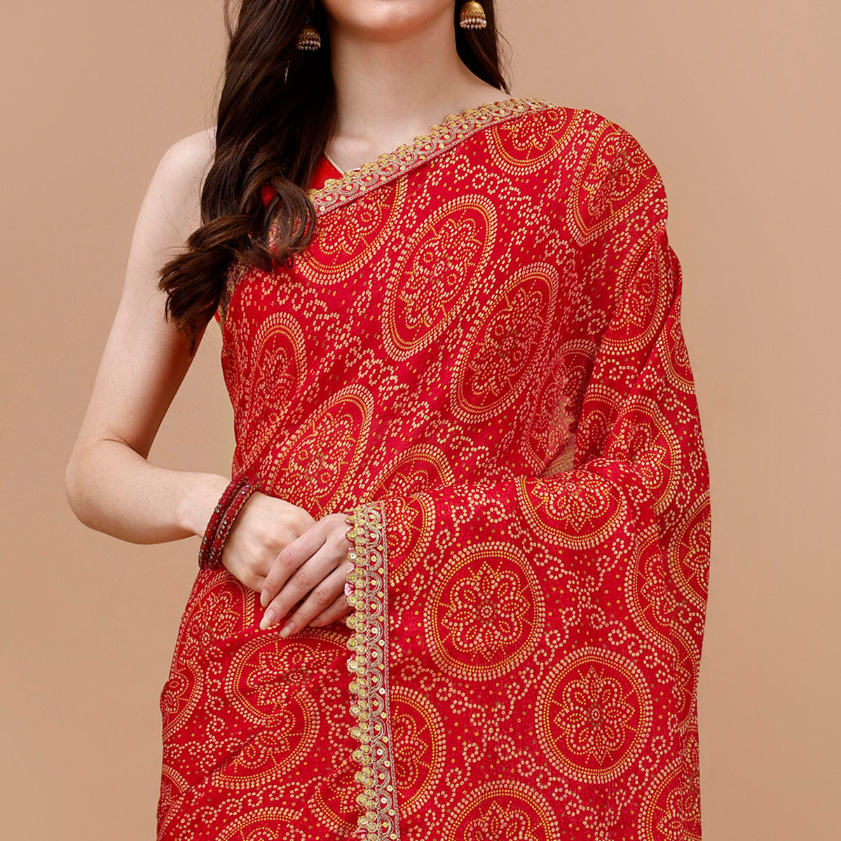 Red Bandhani Printed Chiffon Saree