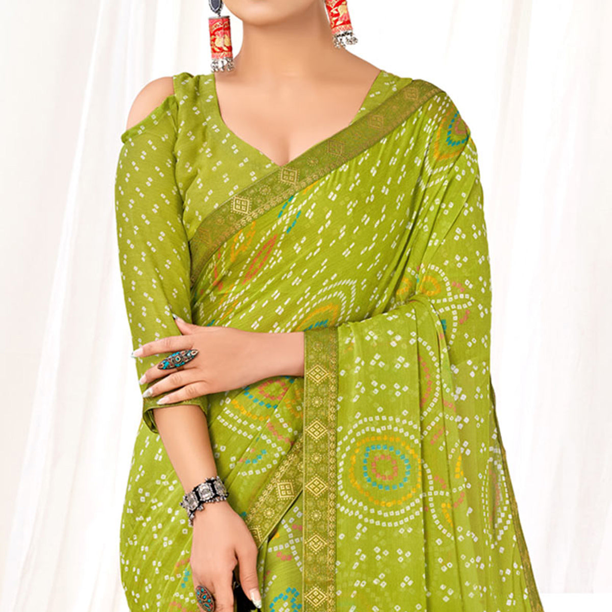 Olive Green Bandhani Printed Chiffon Saree