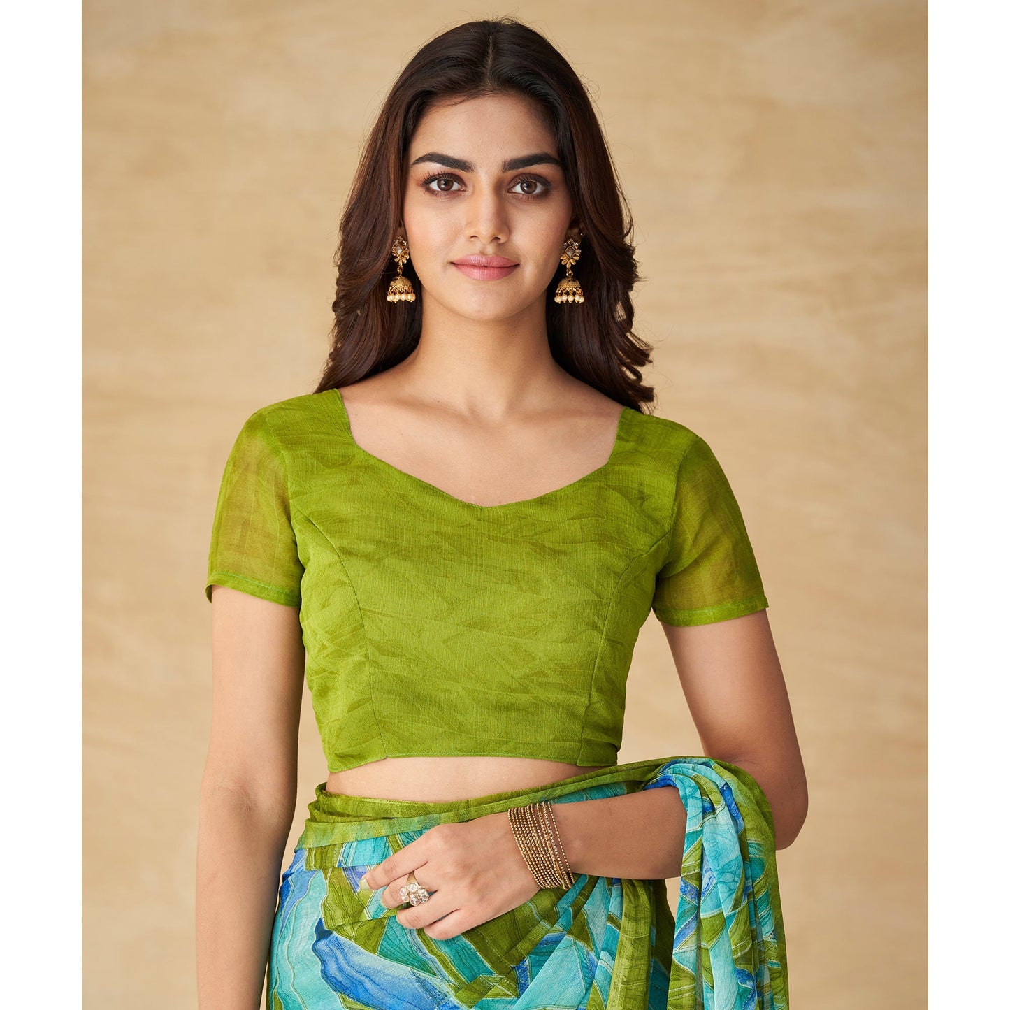 Green Abstract Printed Chiffon Saree