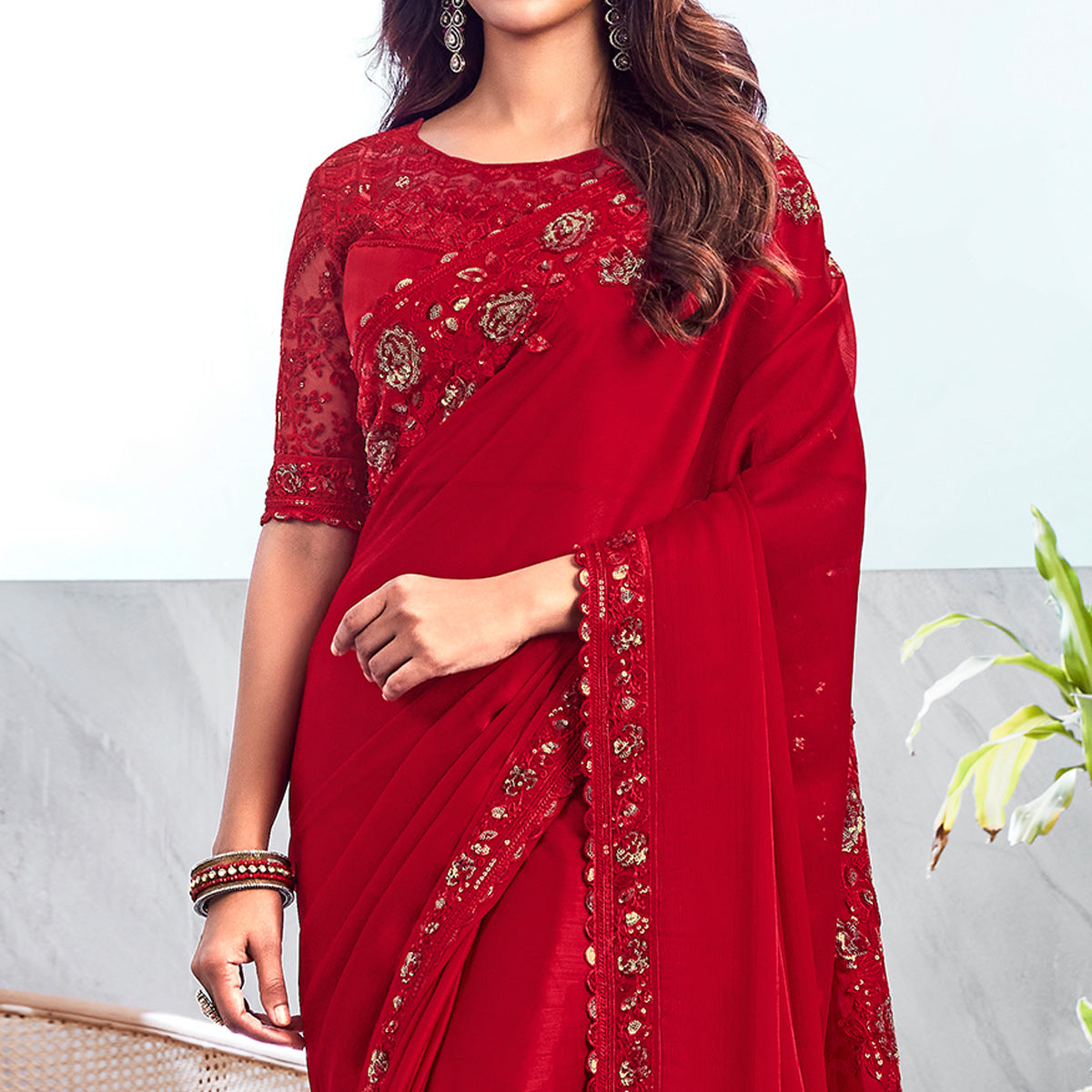 Cherry Red Floral Sequins Embroidered Chiffon Saree