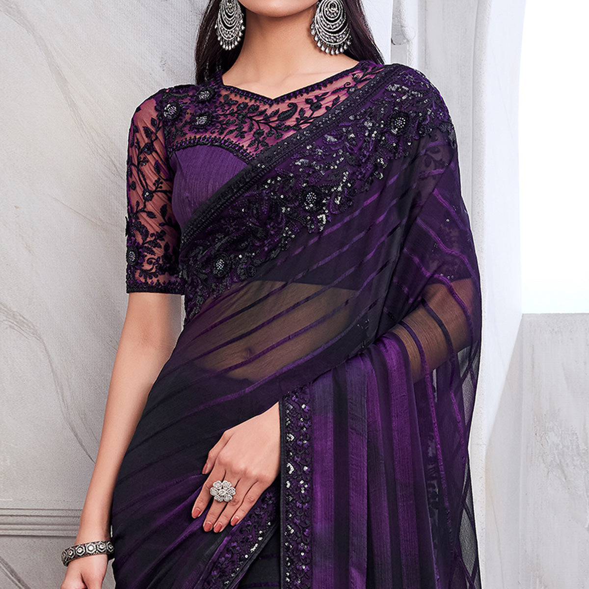 Purple & Black Floral Sequins Embroidered Georgette Saree