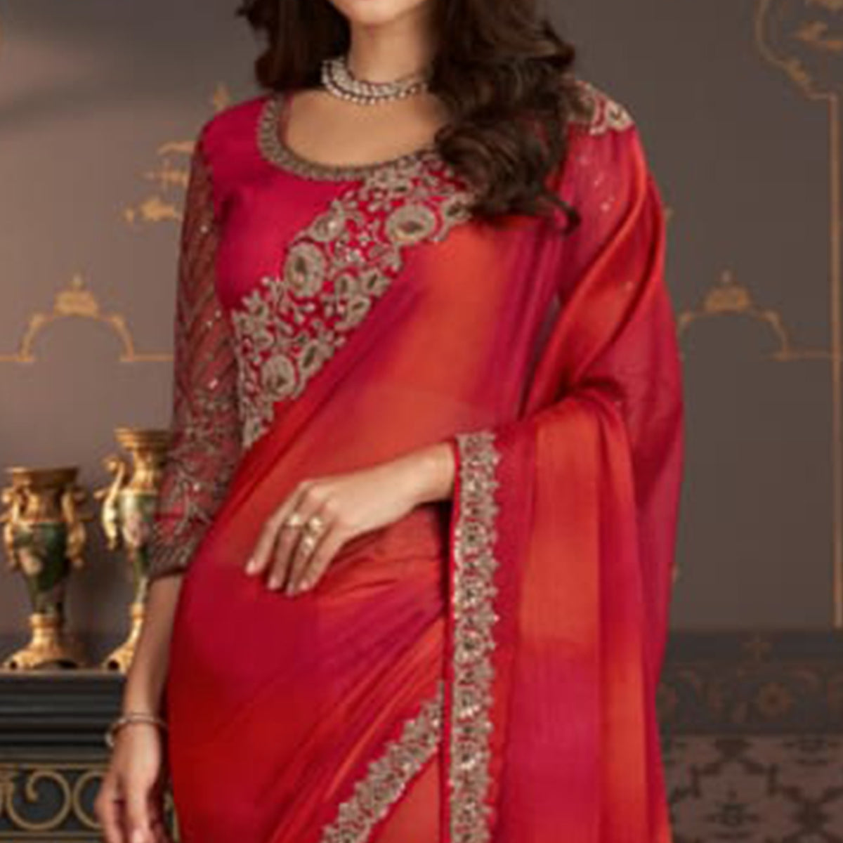 Red Embroidered Chiffon Saree