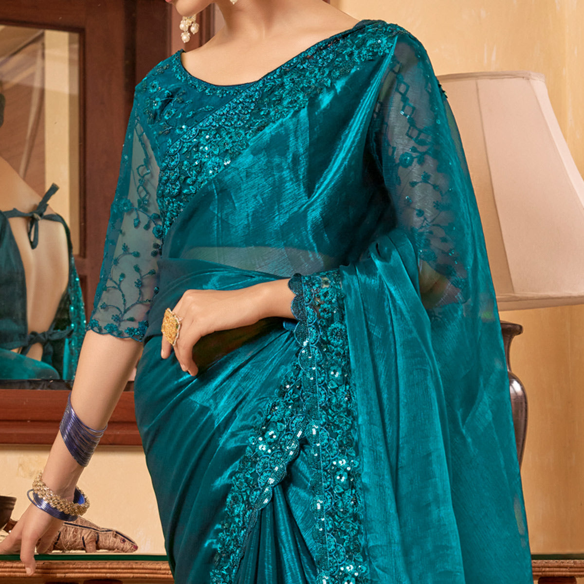 Morpich Sequins With Embroidered Chiffon Saree