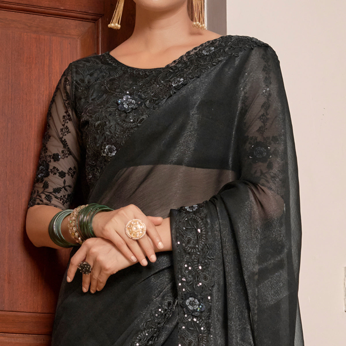 Black Sequins With Embroidered Chiffon Saree