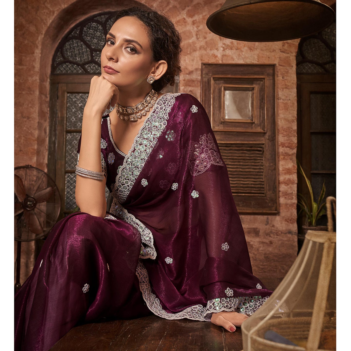 Wine Sequins With Embroidered Chiffon Saree