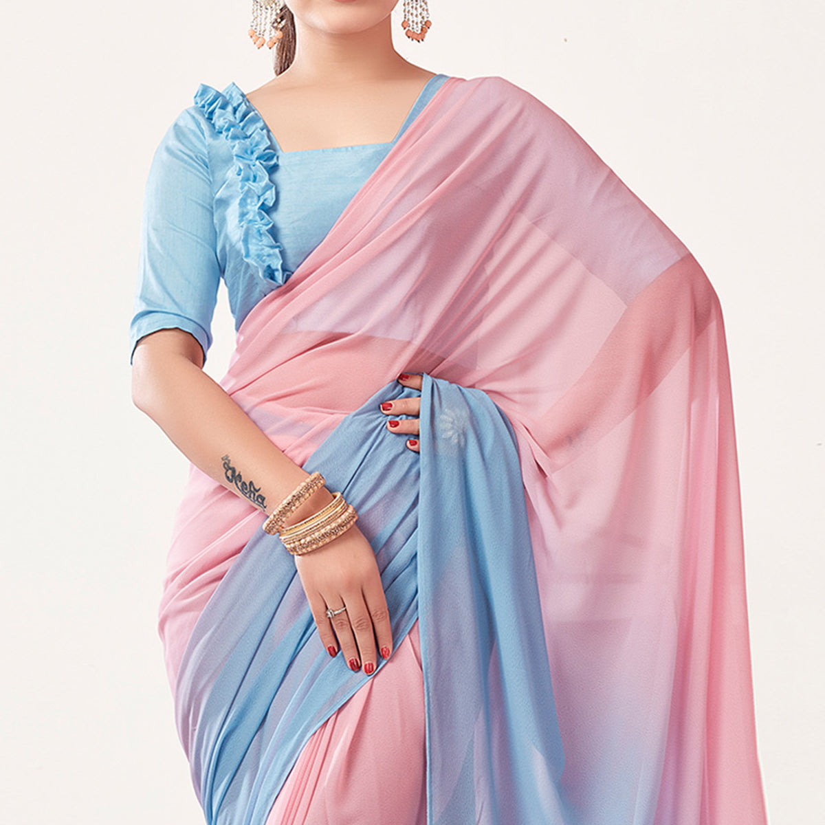 Peach & Sky Blue Printed Georgette Saree