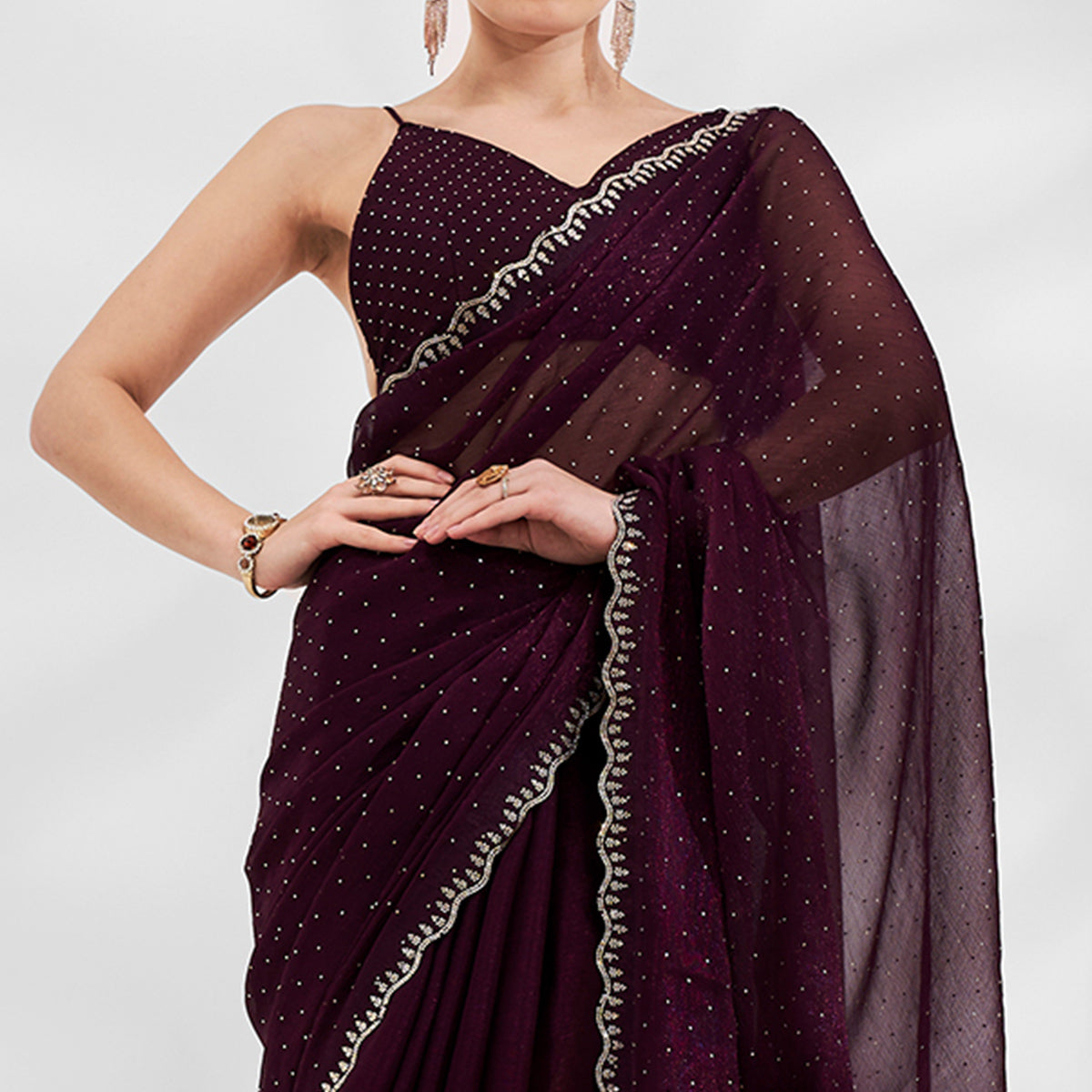 Wine Embroidered Swaroski Work Chiffon Saree