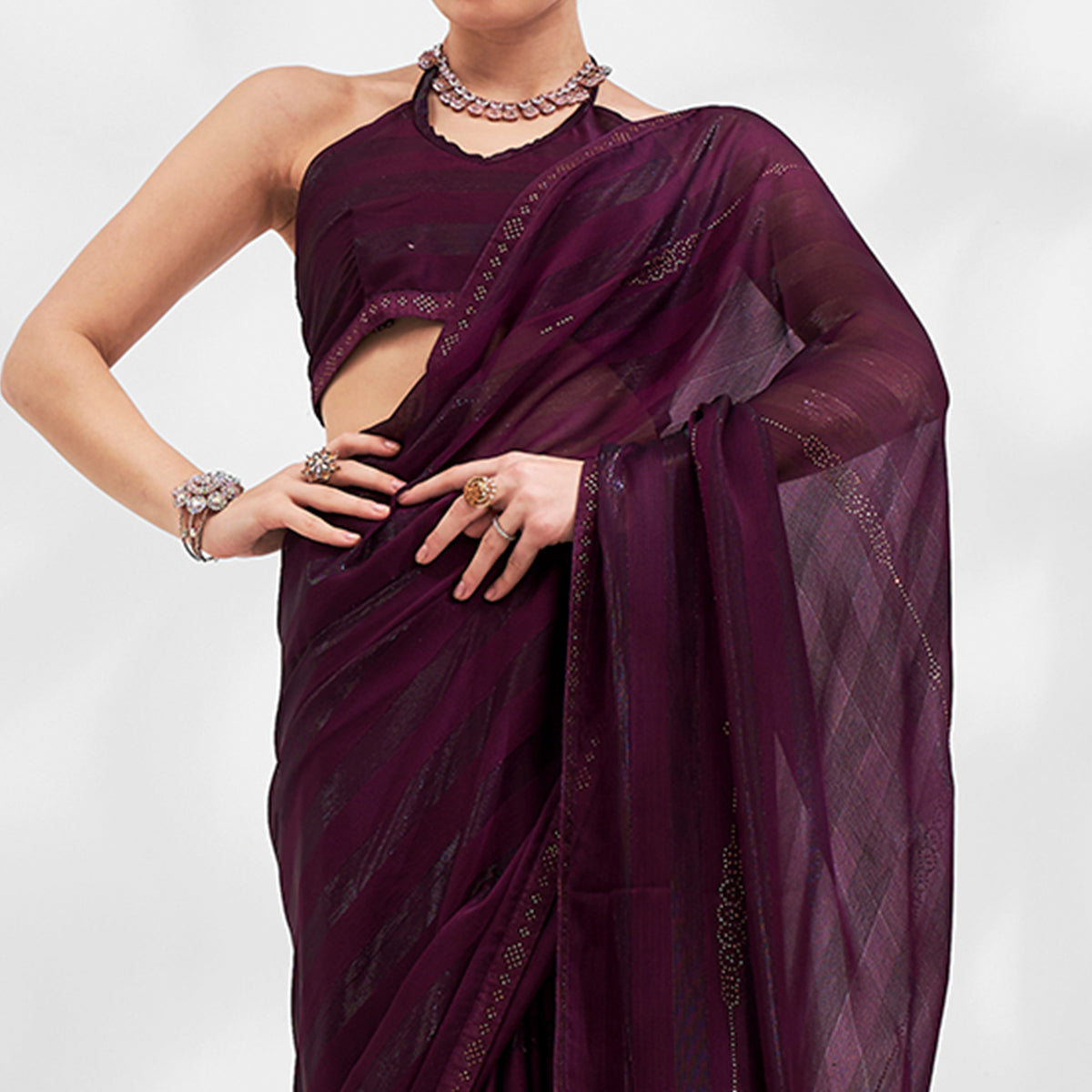 Purple Embroidered Chiffon Saree With Swaroski Work