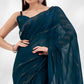 Morpich Blue Embroidered Swaroski Work Chiffon Saree