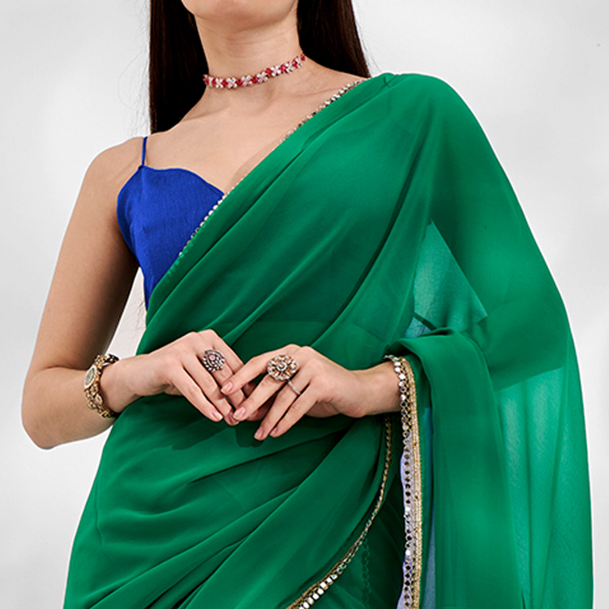 Green & Blue Solid Georgette Designer Saree