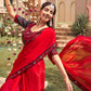 Red Solid With Embroidered Border Chiffon Saree