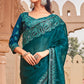 Teal Solid With Embroidered Border Chiffon Saree