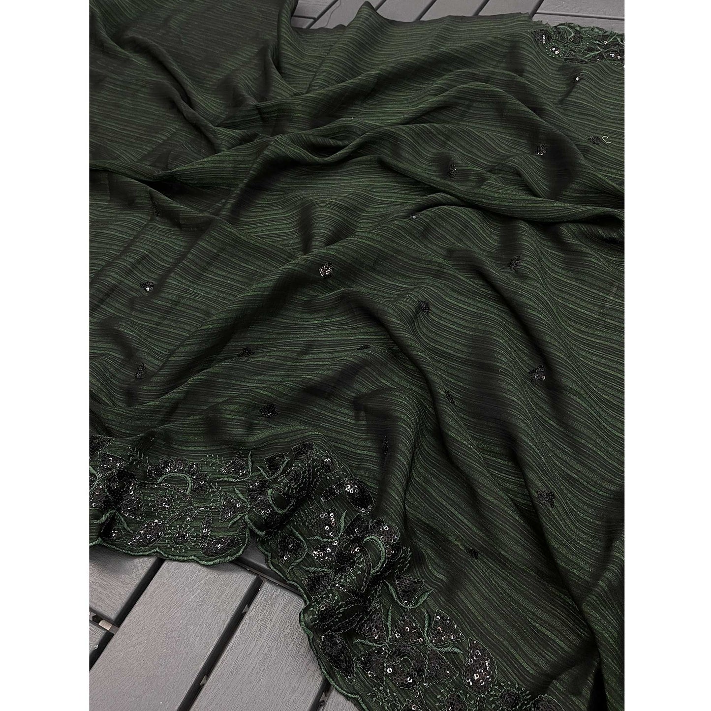 Dark Green Sequins Embroidered Chiffon Saree