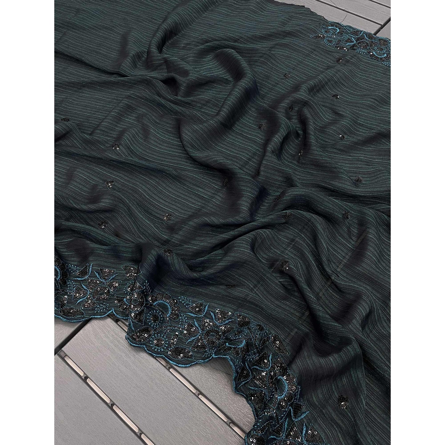 Dark Morpich Sequins Embroidered Chiffon Saree