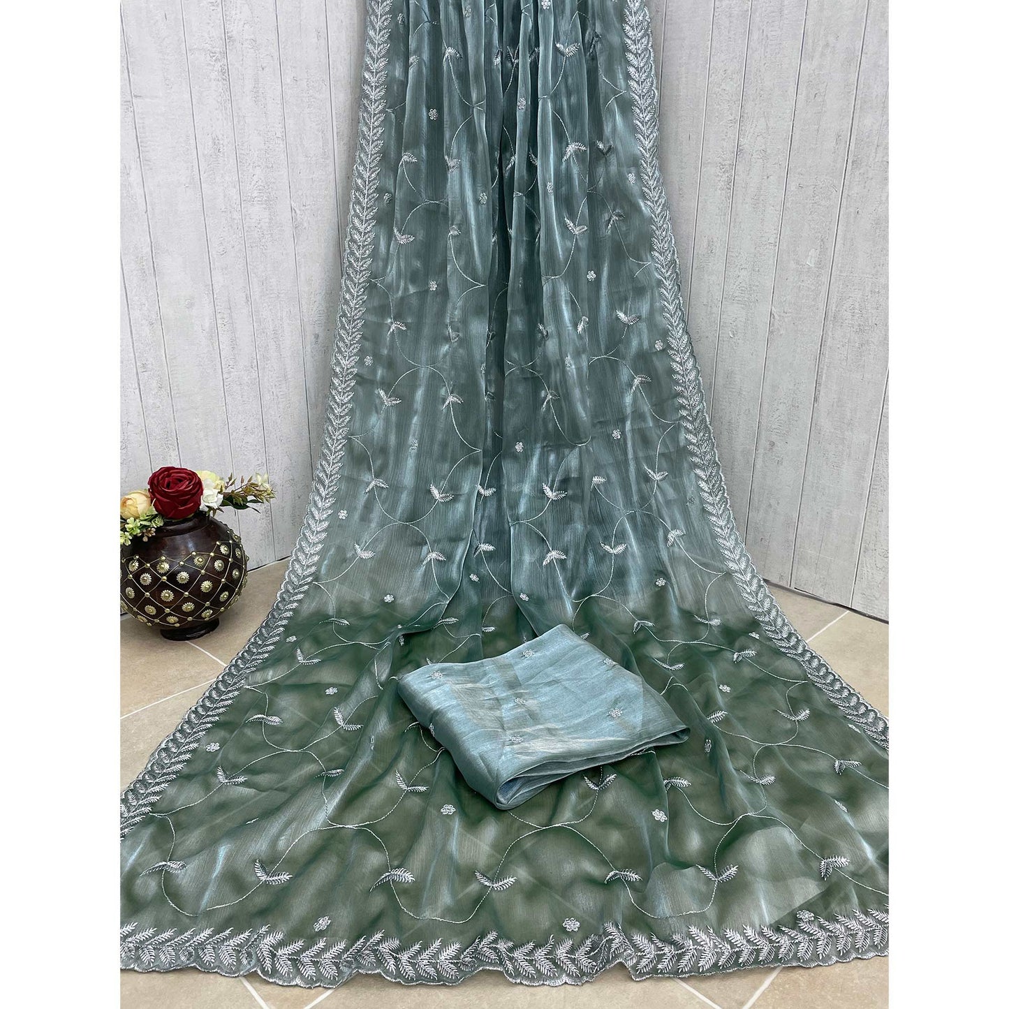 Sage Green Sequins Embroidered Chiffon Saree