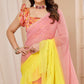 Yellow & Pink Ombre Printed Georgette Ruffle Saree