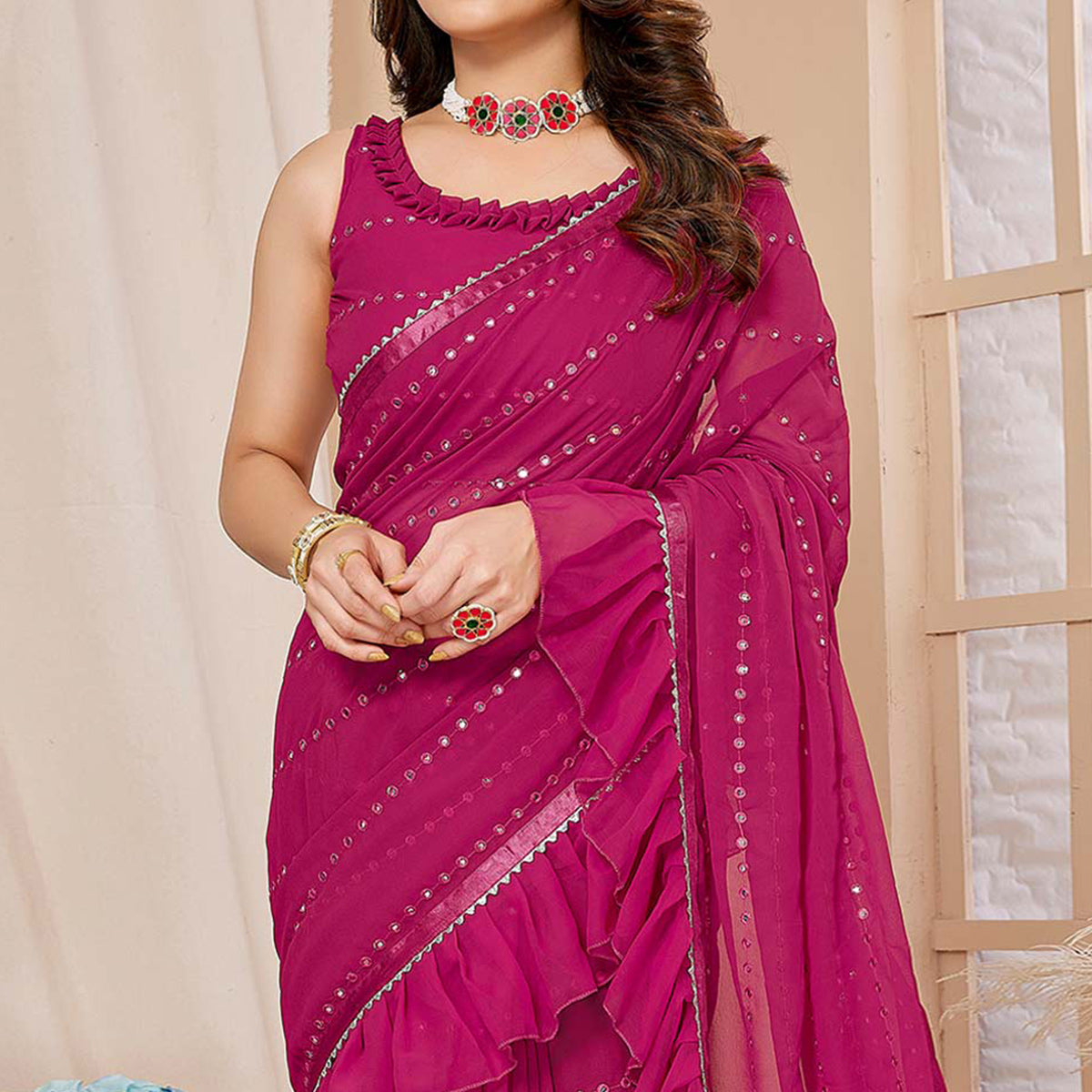 Pink Embroidered Georgette Ruffle Saree