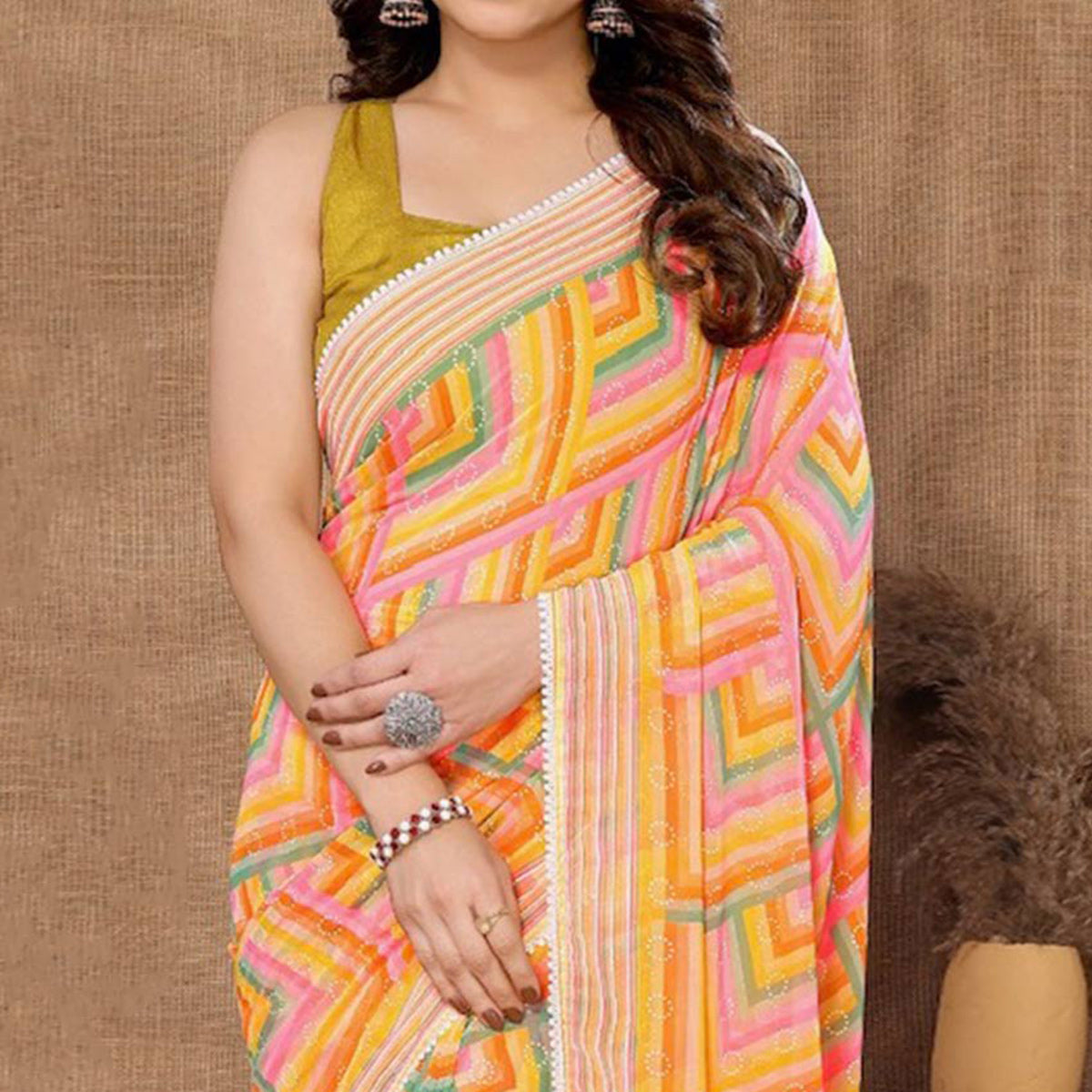 Yellow Geometric Printed Ready To Wear Georgette Saree