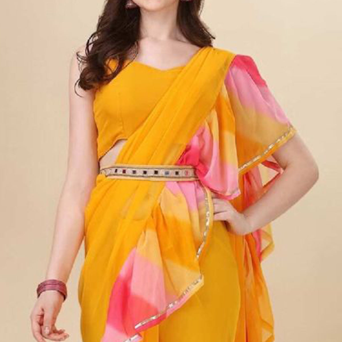 Yellow Printed Georgette Ruffle Saree