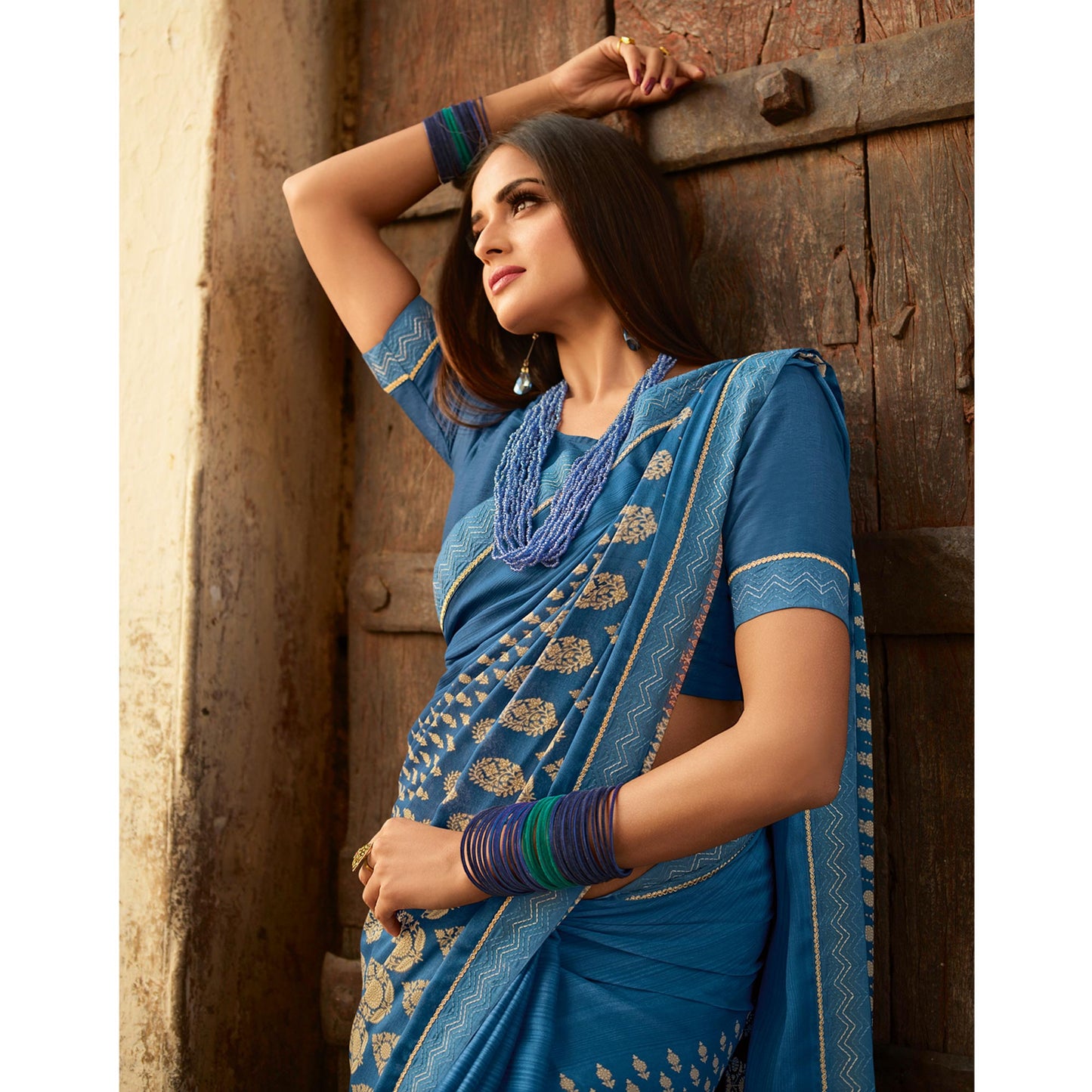 Navy Blue Lehriya Printed With Embroidered Border Chiffon Saree