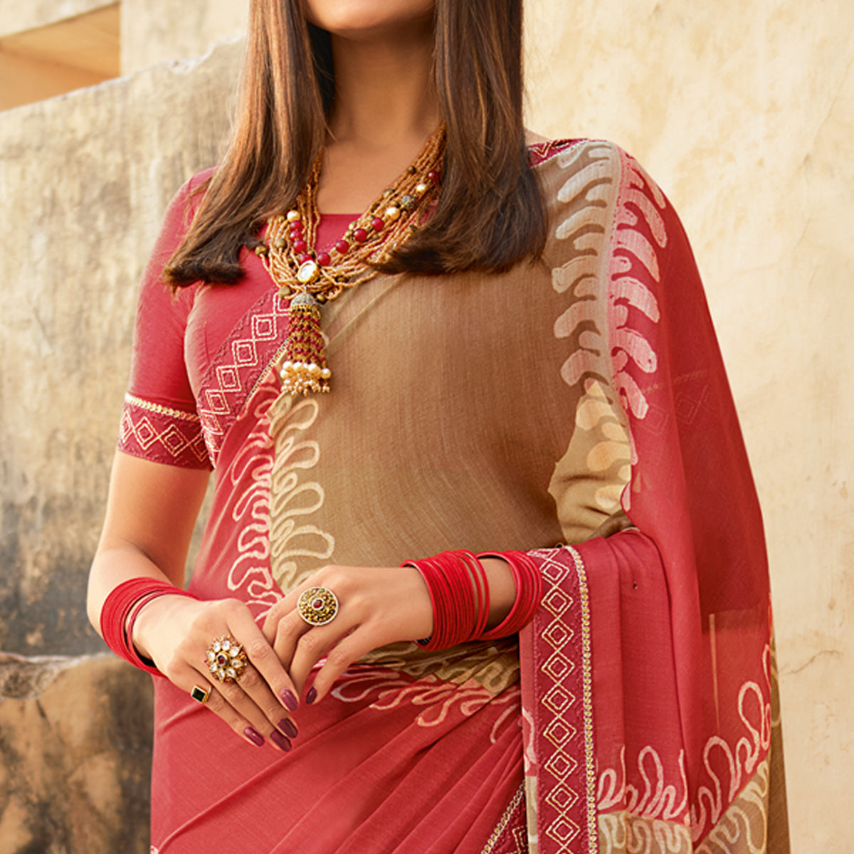 Pink & Brown Printed With Embroidered Border Georgette Saree