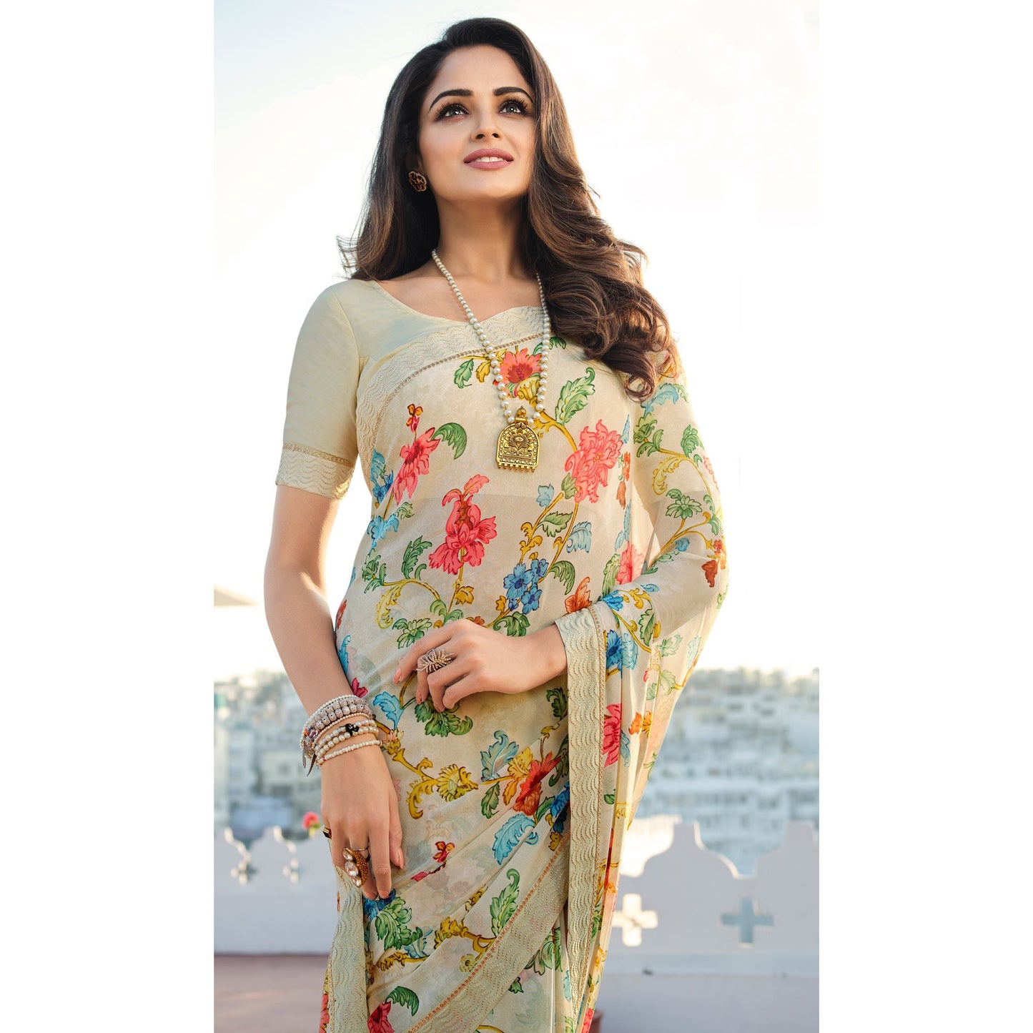 Off White Floral Printed With Embroidered Border Georgette Saree