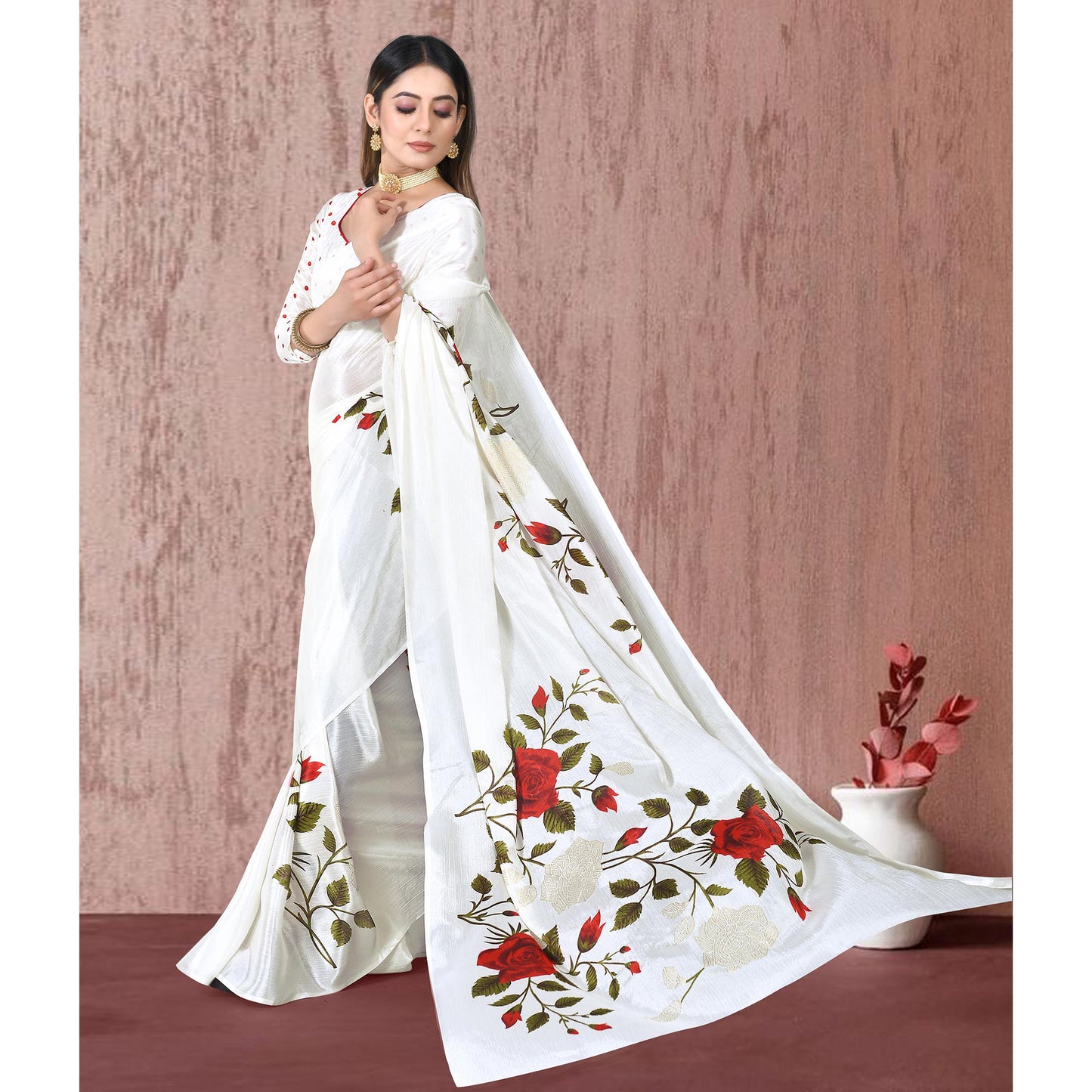 White Floral Foil Printed Chiffon  Saree