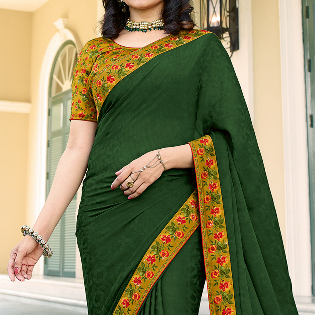 Bottle Green Floral Digital Printed Georgette Saree